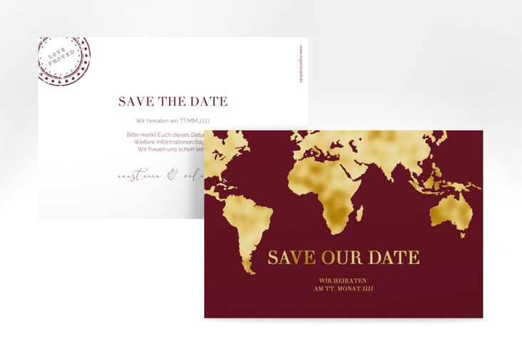 Save the Date-Karte Traumziel A6 Karte quer rot gold im Reisepass-Design