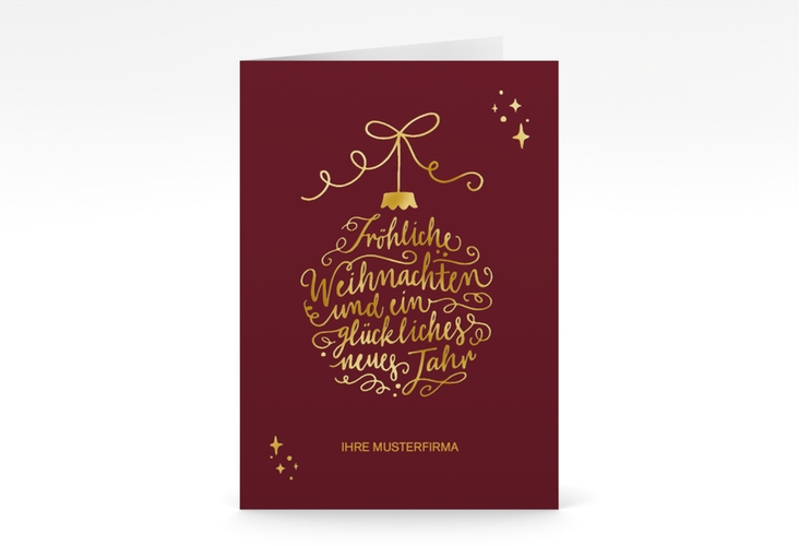 Business-Weihnachtskarte Lichterglanz A6 Klappkarte hoch rot gold für Firmen, mit Weihnachtskugel-Kalligrafie