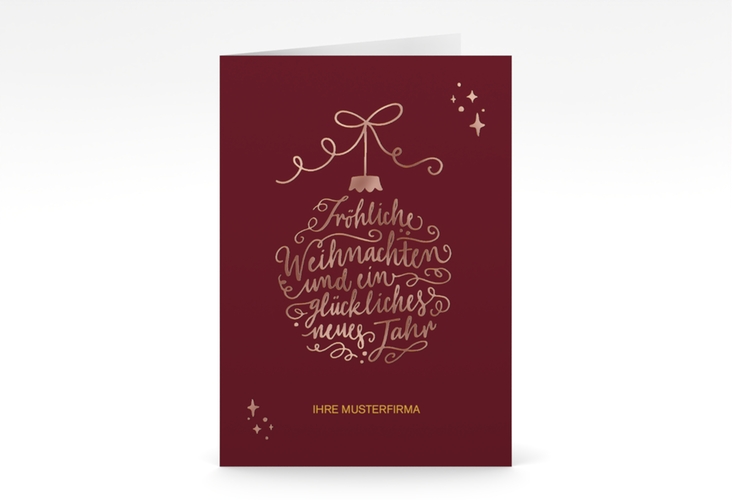 Business-Weihnachtskarte Lichterglanz A6 Klappkarte hoch rot rosegold für Firmen, mit Weihnachtskugel-Kalligrafie