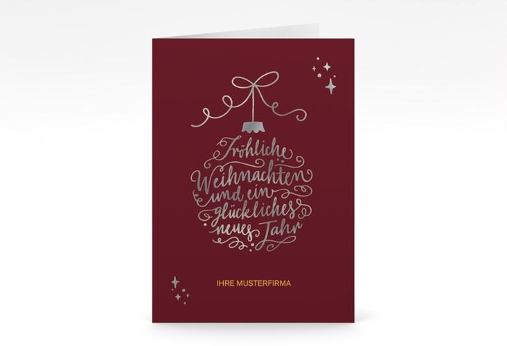Business-Weihnachtskarte Lichterglanz A6 Klappkarte hoch rot silber für Firmen, mit Weihnachtskugel-Kalligrafie