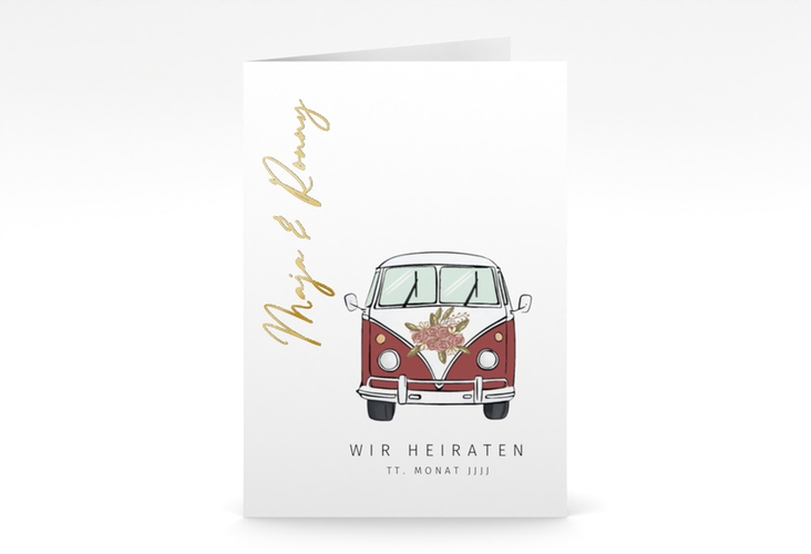 Einladungskarte Hochzeit Hochzeitsbulli A6 Klappkarte hoch rot gold mit Gräsern und Trockenblumen für Boho-Hochzeit