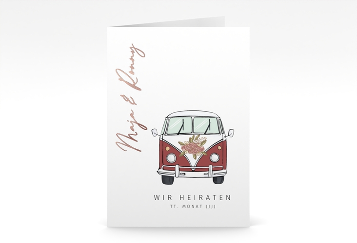 Einladungskarte Hochzeit Hochzeitsbulli A6 Klappkarte hoch rot rosegold mit Gräsern und Trockenblumen für Boho-Hochzeit