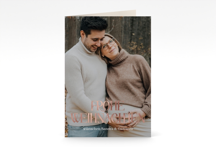 Weihnachtskarte Weihnachtspyjama A6 Klappkarte hoch rot rosegold