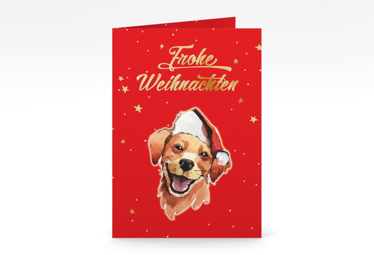 Weihnachtskarte Frosty A6 Klappkarte hoch rot gold mit Hund mit Nikolausmütze