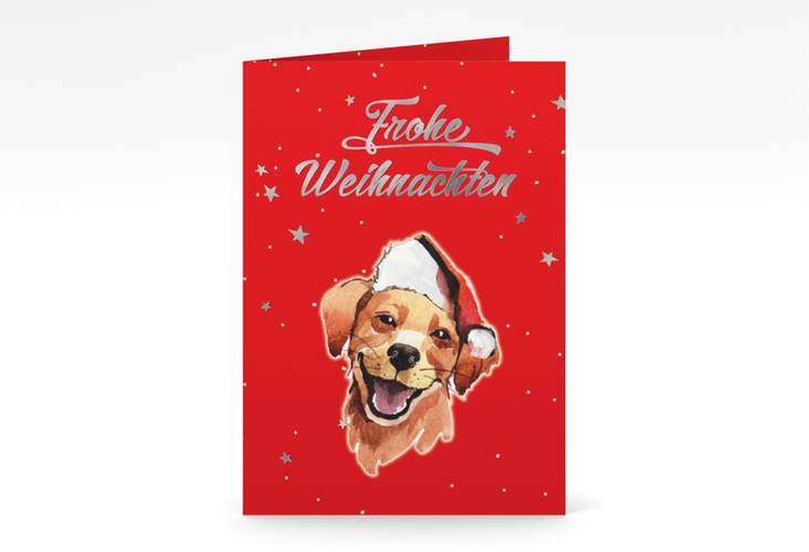 Weihnachtskarte Frosty A6 Klappkarte hoch rot silber mit Hund mit Nikolausmütze