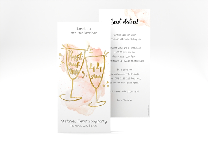Einladung Geburtstag Sektgläser lange Karte hoch rot gold mit zwei Champagner-Gläsern auf Aquarell-Hintergrund