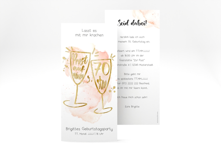 Einladung 70. Geburtstag Sektgläser lange Karte hoch rot gold mit zwei Champagner-Gläsern auf Aquarell-Hintergrund