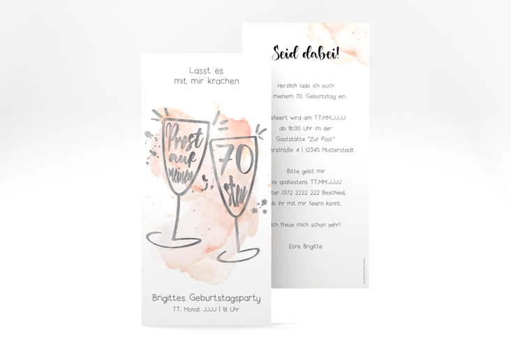 Einladung 70. Geburtstag Sektgläser lange Karte hoch rot silber mit zwei Champagner-Gläsern auf Aquarell-Hintergrund