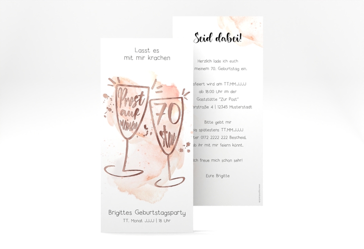 Einladung 70. Geburtstag Sektgläser lange Karte hoch rot rosegold mit zwei Champagner-Gläsern auf Aquarell-Hintergrund