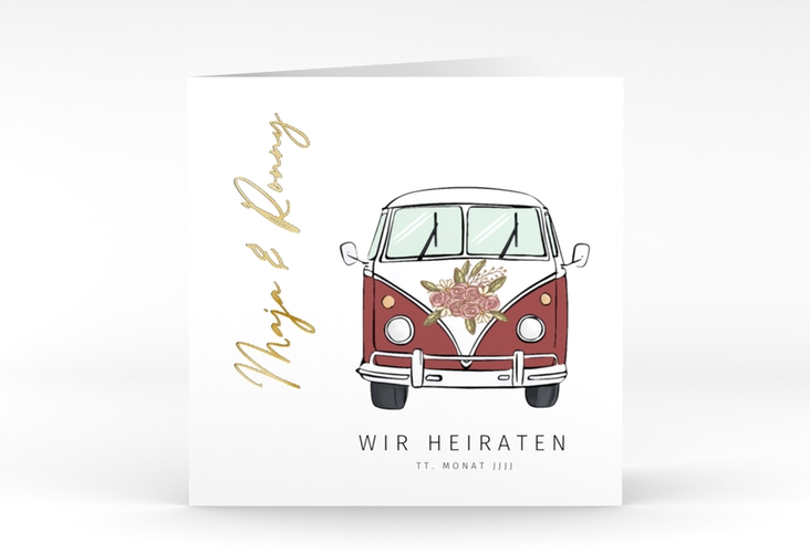 Hochzeitseinladung Hochzeitsbulli quadr. Klappkarte rot gold