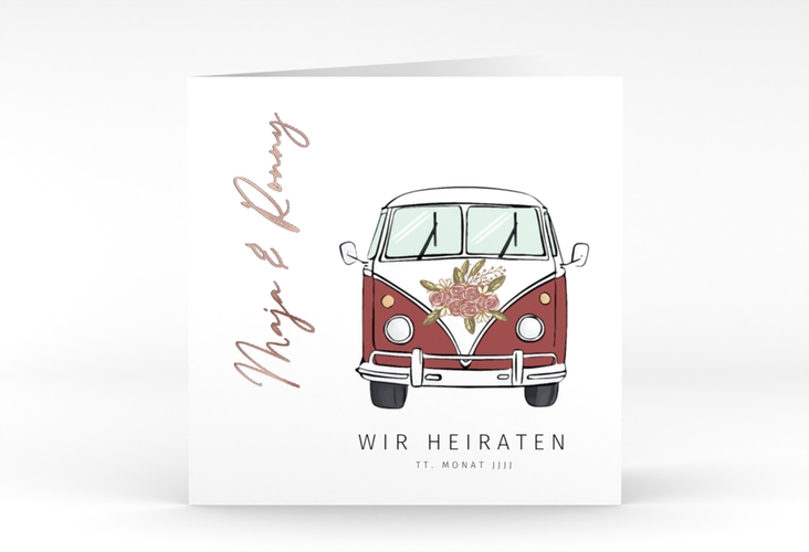 Hochzeitseinladung Hochzeitsbulli quadr. Klappkarte rot rosegold