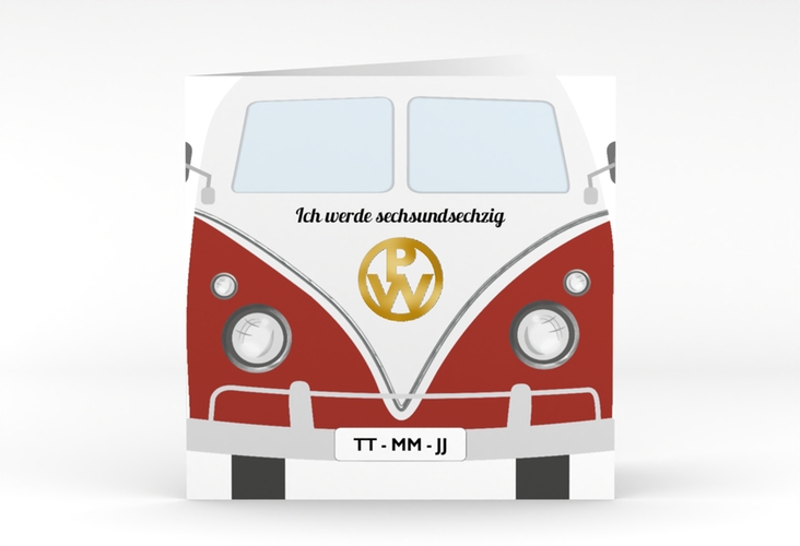 Einladung Geburtstag Bulli Bus quadr. Klappkarte rot gold