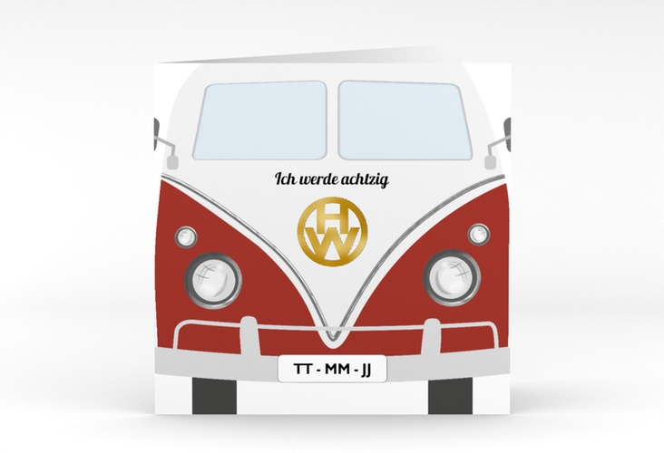 Einladung 80. Geburtstag Bulli Bus quadr. Klappkarte rot gold
