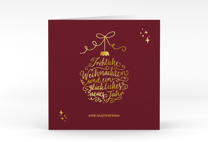 Geschäftliche Weihnachtskarte Lichterglanz quadr. Klappkarte rot gold mit Weihnachtskugel-Kalligrafie