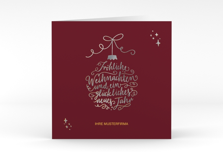 Geschäftliche Weihnachtskarte Lichterglanz quadr. Klappkarte rot silber mit Weihnachtskugel-Kalligrafie