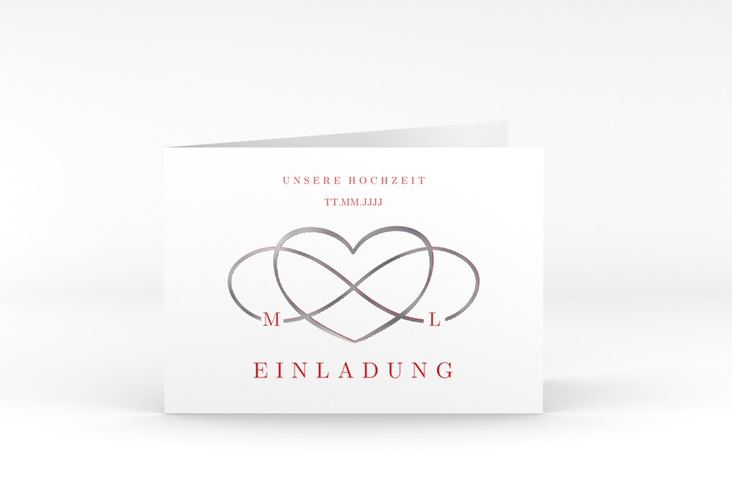 Hochzeitseinladung Infinity A6 Klappkarte quer rot silber