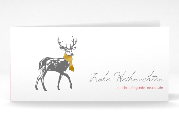 Geschäftliche Weihnachtskarte Hirsch lange Klappkarte quer rot gold mit Hirsch mit Schal