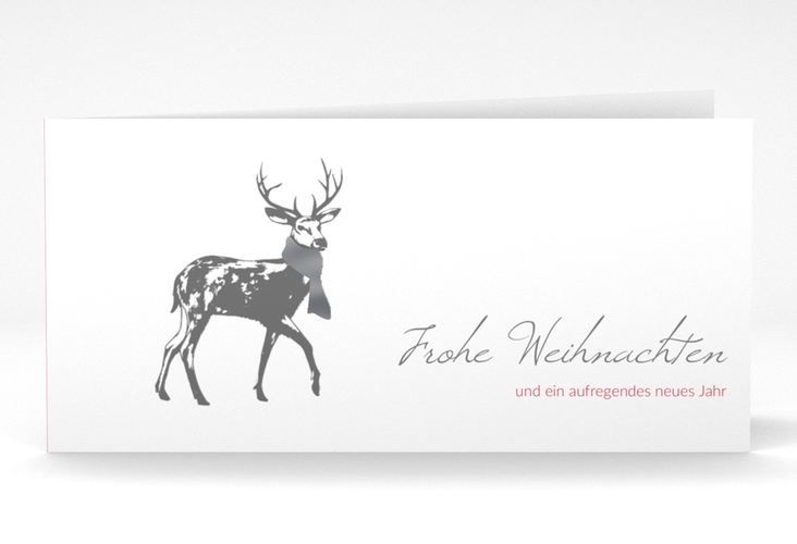 Geschäftliche Weihnachtskarte Hirsch lange Klappkarte quer rot silber mit Hirsch mit Schal