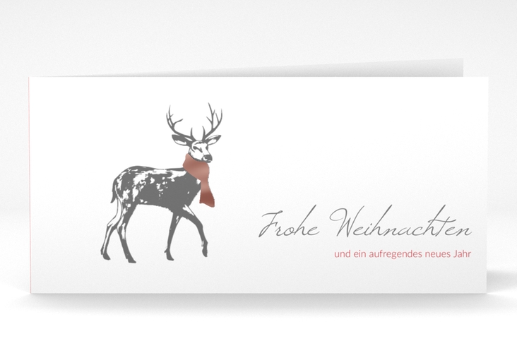 Geschäftliche Weihnachtskarte Hirsch lange Klappkarte quer rot rosegold mit Hirsch mit Schal