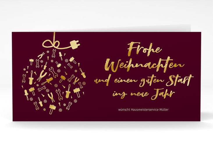 Business-Weihnachtskarte Werkzeugkugel lange Klappkarte quer rot gold mit Weihnachtskugel aus Werkzeugen