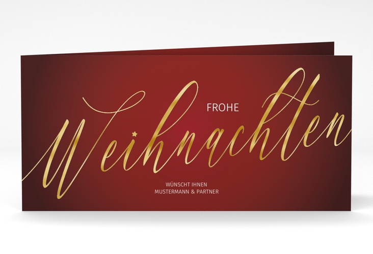 Geschäftliche Weihnachtskarte Schriftzug lange Klappkarte quer rot gold mit Hirsch mit Schal