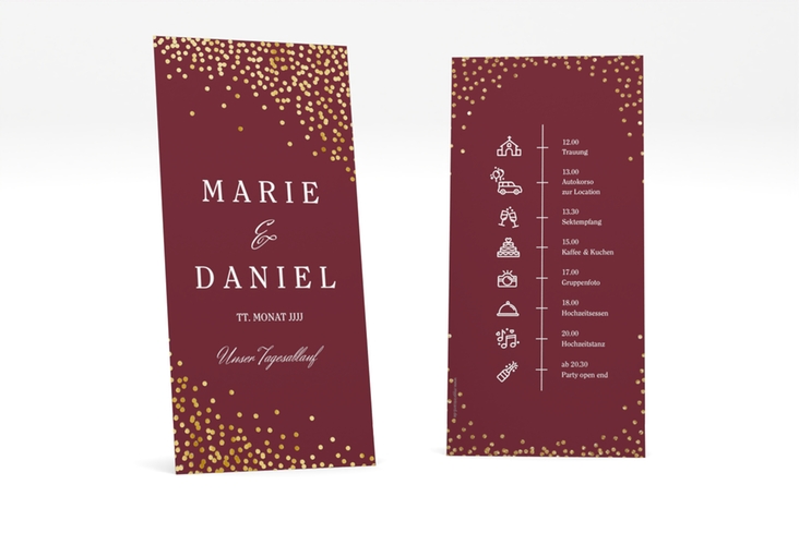 Tagesablauf Hochzeit Glitter lange Karte hoch rot gold