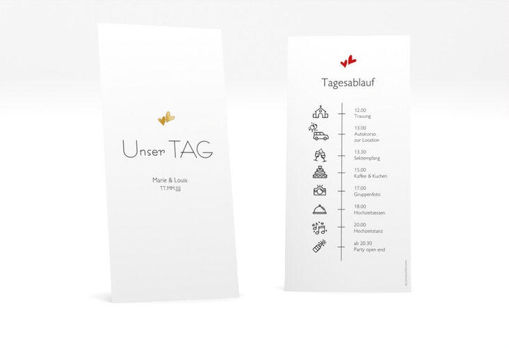 Tagesablauf Hochzeit Twohearts lange Karte hoch rot gold