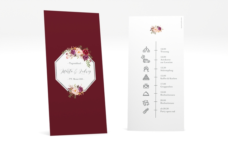 Tagesablauf Hochzeit Prachtvoll lange Karte hoch rot silber