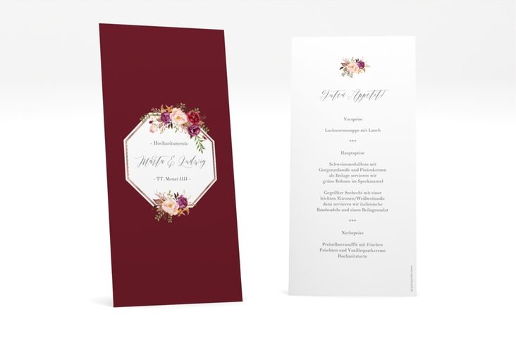 Menükarte Hochzeit Prachtvoll lange Karte hoch rot rosegold