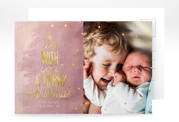 Weihnachtskarte Schneeglitzern A6 Postkarte gold mit Aquarellfarbe und Kinderfoto
