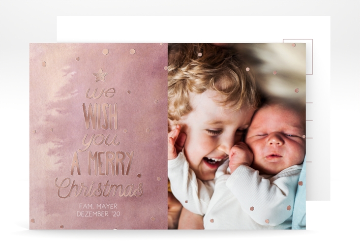 Weihnachtskarte Schneeglitzern A6 Postkarte rosegold mit Aquarellfarbe und Kinderfoto