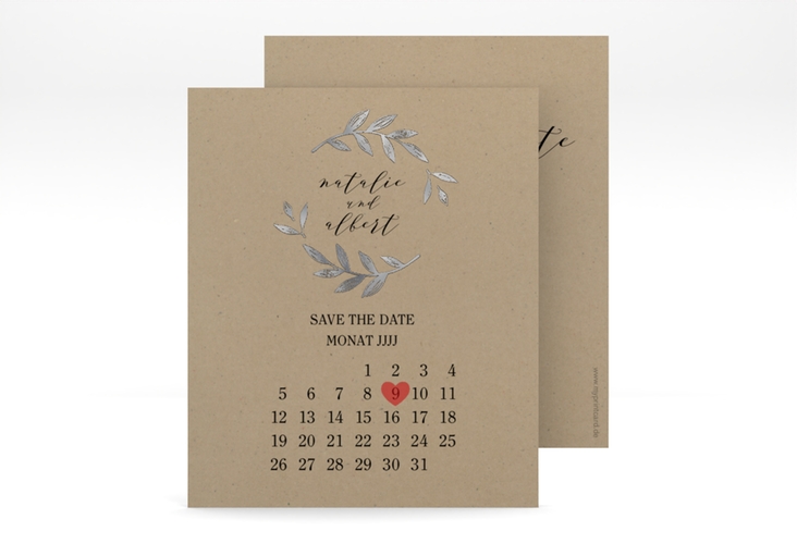 Save the Date-Kalenderblatt Naturelove Kalenderblatt-Karte silber in Kraftpapier-Optik mit Blätterkranz