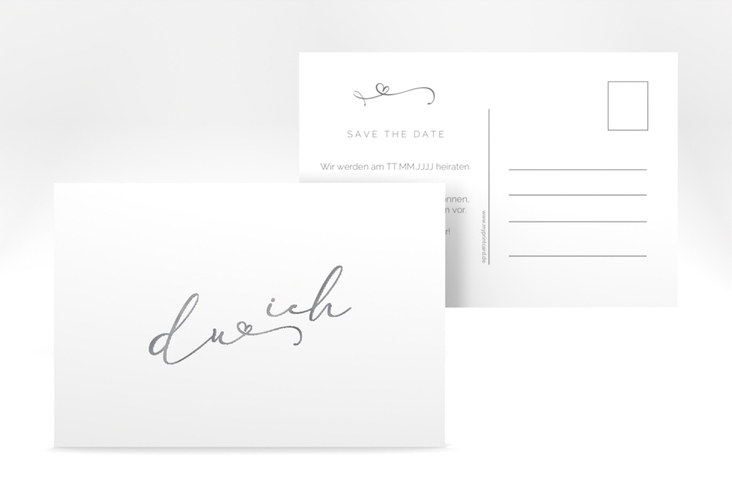 Save the Date-Postkarte Zweisamkeit A6 Postkarte silber im minimalistischen Stil mit Aufschrift du & ich