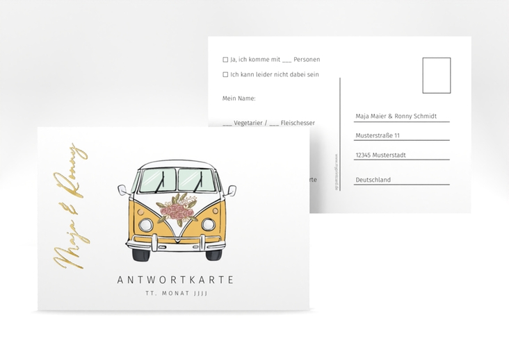 Antwortkarte Hochzeit Hochzeitsbulli A6 Postkarte gold