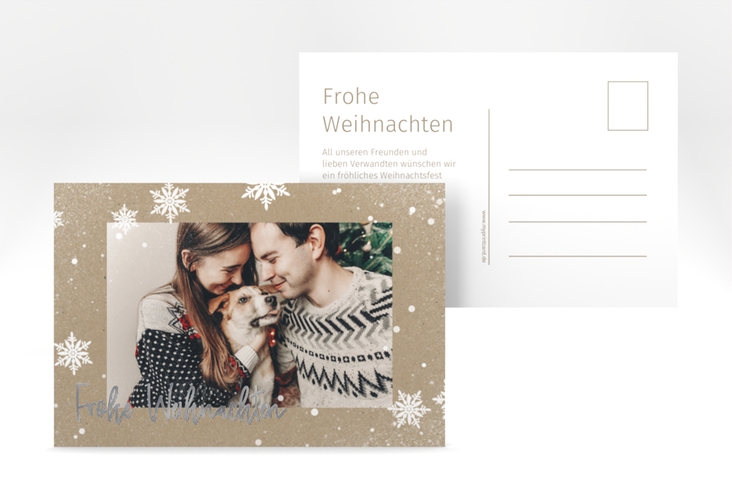 Weihnachtskarte Schneezauber A6 Postkarte silber in Kraftpapier-Optik mit Foto