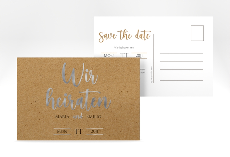 Save the Date-Postkarte Noble A6 Postkarte silber mit elegantem Schriftzug