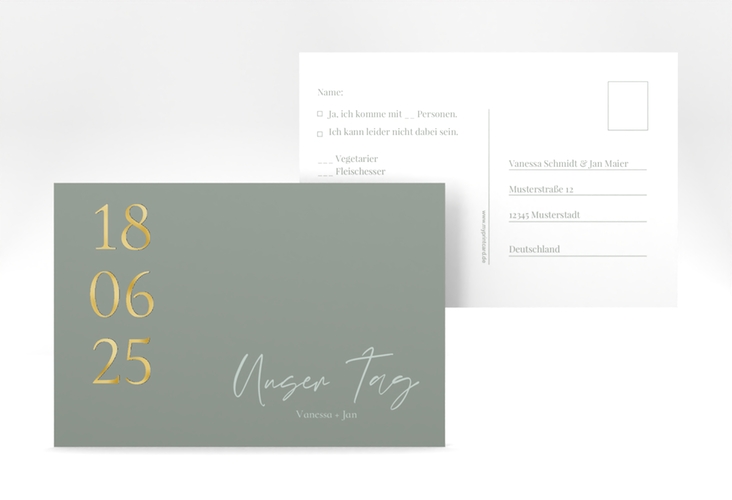 Antwortkarte Hochzeit Day A6 Postkarte gold mit Datum im minimalistischen Design