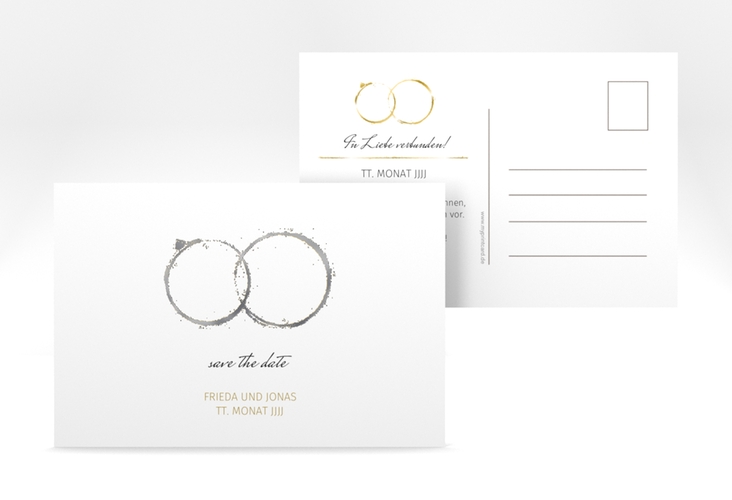 Save the Date-Postkarte Trauringe A6 Postkarte silber minimalistisch gestaltet mit zwei Eheringen