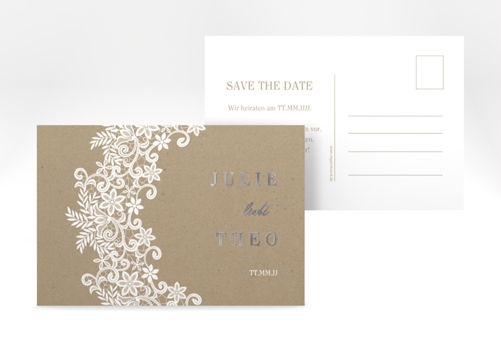 Save the Date-Postkarte Mariage A6 Postkarte silber mit Bogen aus weißer Spitze