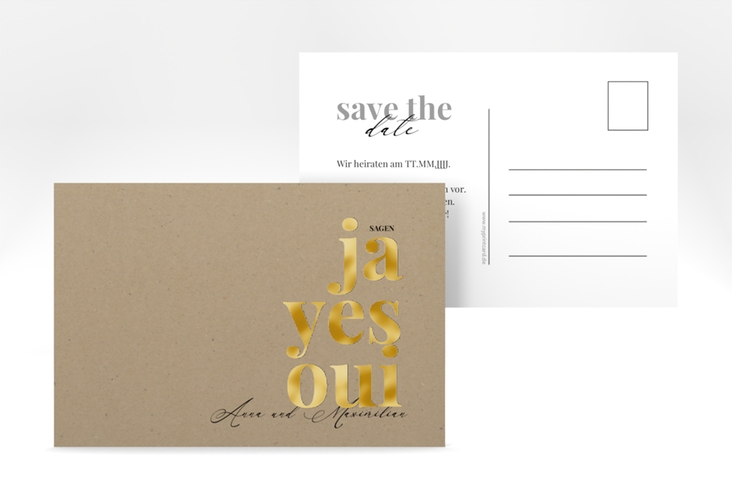 Save the Date-Postkarte Oui A6 Postkarte gold mit Ja-Wort in verschiedenen Sprachen