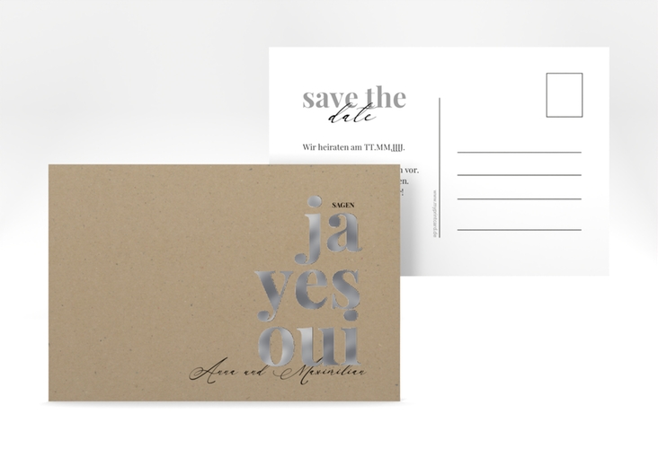 Save the Date-Postkarte Oui A6 Postkarte silber mit Ja-Wort in verschiedenen Sprachen