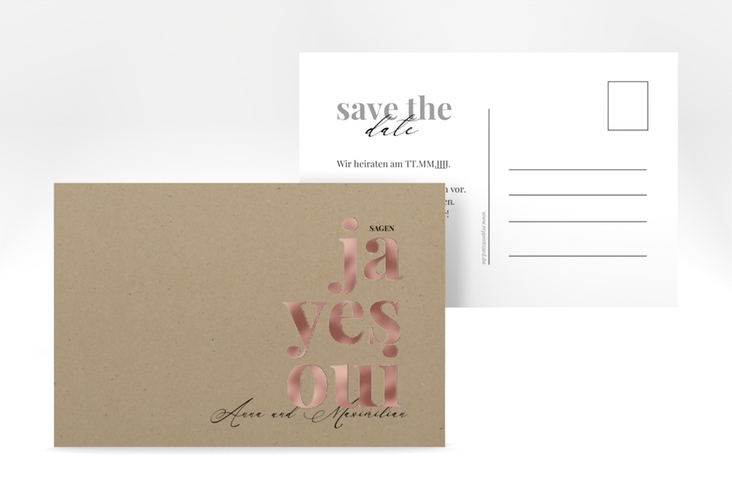 Save the Date-Postkarte Oui A6 Postkarte rosegold mit Ja-Wort in verschiedenen Sprachen