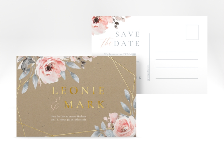 Save the Date-Postkarte Perfection A6 Postkarte gold mit rosa Rosen