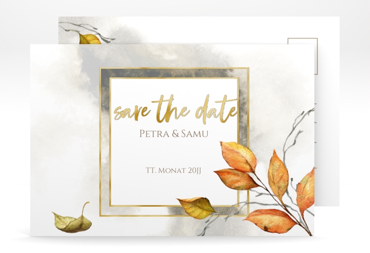 Save the Date-Postkarte Herbst A6 Postkarte gold mit orangefarbigem Herbstlaub in Aquarell
