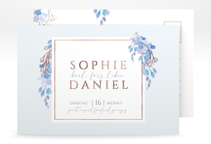 Save the Date-Postkarte Blauregen A6 Postkarte rosegold mit Wisteria-Blüten