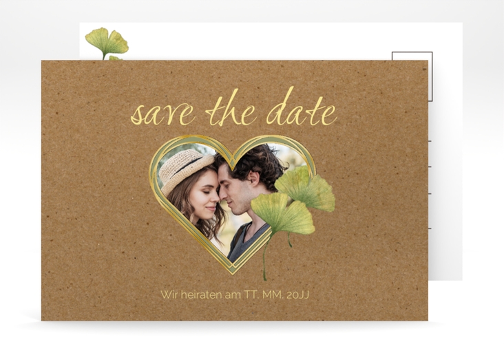 Save the Date-Postkarte Ginko A6 Postkarte gold mit Herz und zwei Ginkgo-Blättern