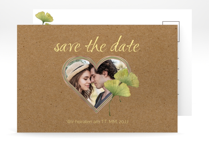 Save the Date-Postkarte Ginko A6 Postkarte rosegold mit Herz und zwei Ginkgo-Blättern