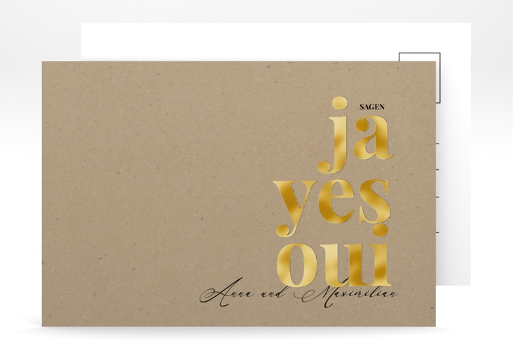 Save the Date-Postkarte Oui A6 Postkarte gold mit Ja-Wort in verschiedenen Sprachen