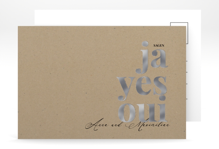Save the Date-Postkarte Oui A6 Postkarte silber mit Ja-Wort in verschiedenen Sprachen