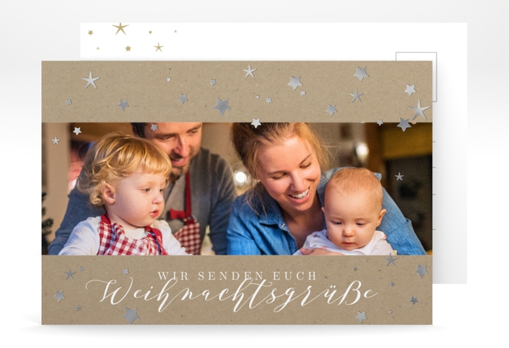 Weihnachtskarte Sternennacht A6 Postkarte silber für Weihnachtsgrüße mit Familienfoto